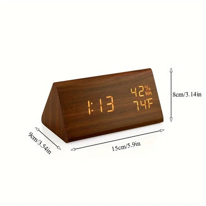 Wooden Triangle Alarm Clock with Temperature and Humidity Display