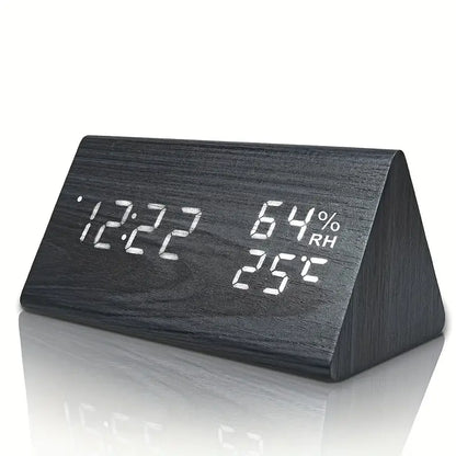 Wooden Triangle Alarm Clock with Temperature and Humidity Display