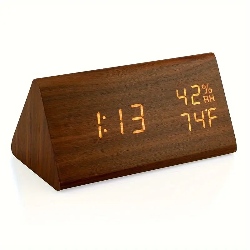 Wooden Triangle Alarm Clock with Temperature and Humidity Display