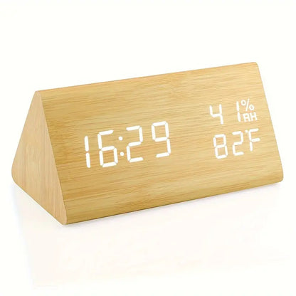 Wooden Triangle Alarm Clock with Temperature and Humidity Display