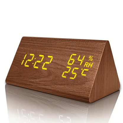 Wooden Triangle Alarm Clock with Temperature and Humidity Display