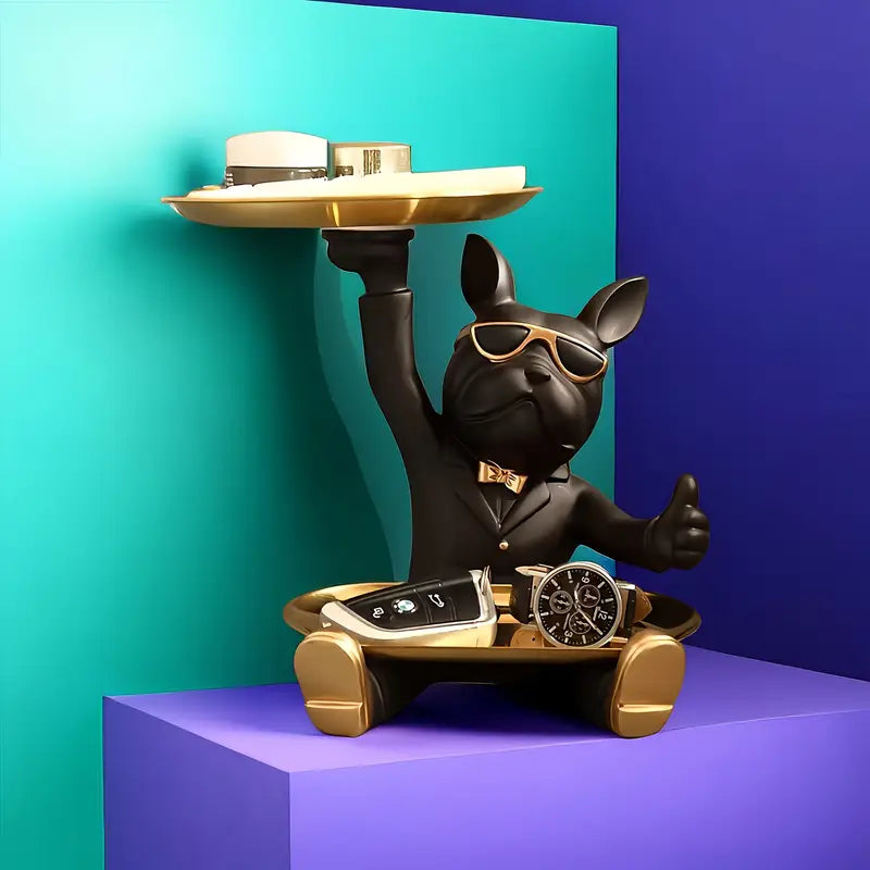 Resin French Bulldog Figurine with Double Tray