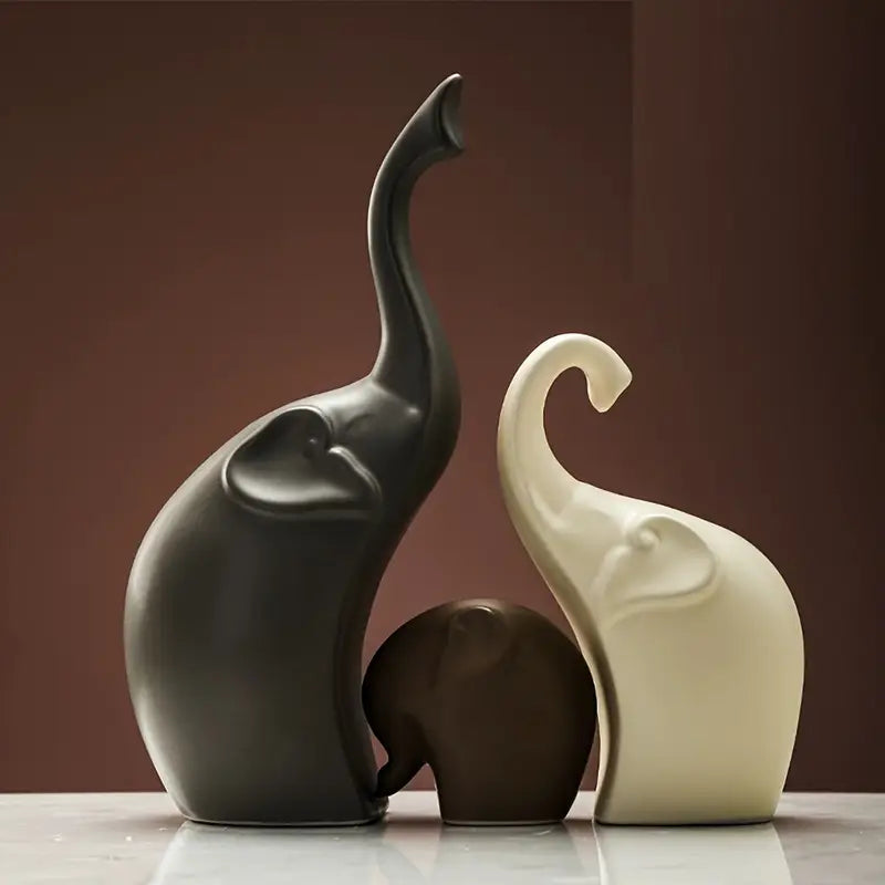 3-Piece Set of Modern Matte Elephant Ceramic Figurines