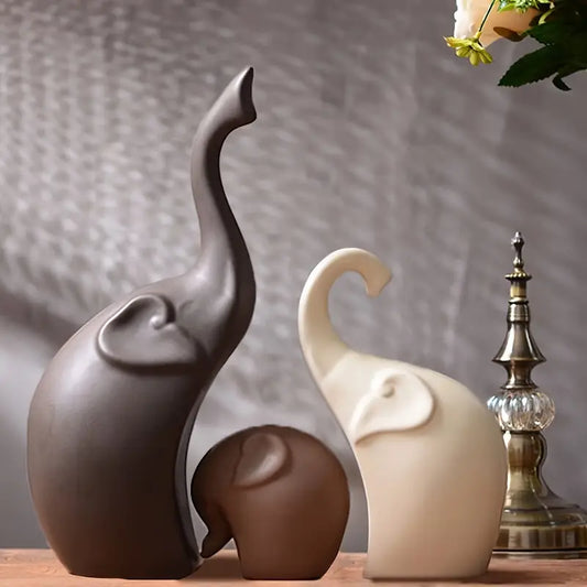 3-Piece Set of Modern Matte Elephant Ceramic Figurines