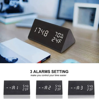 Wooden Triangle Alarm Clock with Temperature and Humidity Display