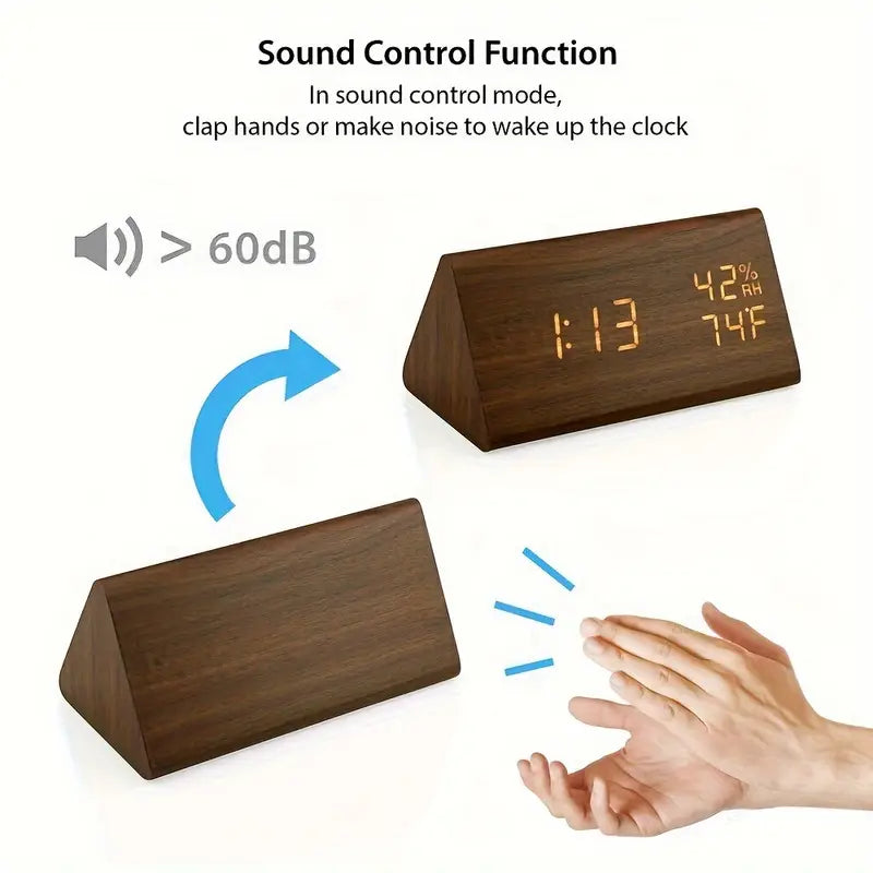 Wooden Triangle Alarm Clock with Temperature and Humidity Display