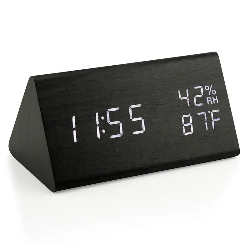 Wooden Triangle Alarm Clock with Temperature and Humidity Display